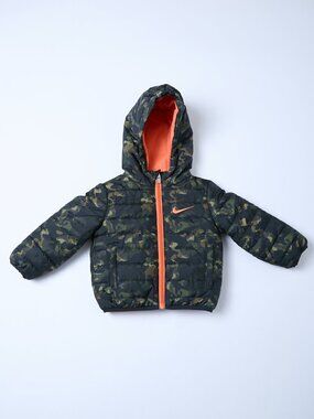 Nike Baby Boy/Girl Green Camo Puffer Hooded Orange Full Zip Jacket 12M warm cozy